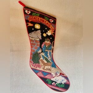 Vintage Handmade Needlepoint Christmas Stocking Jesus Manger Nativity Scene
